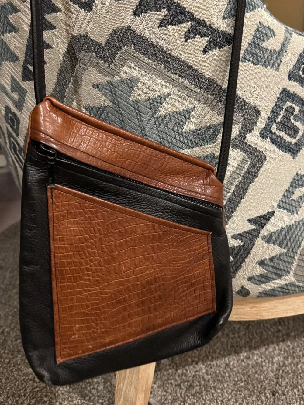 Thomas Leathers: Two-Tone Brown and Black Leather Crossbody Bag
